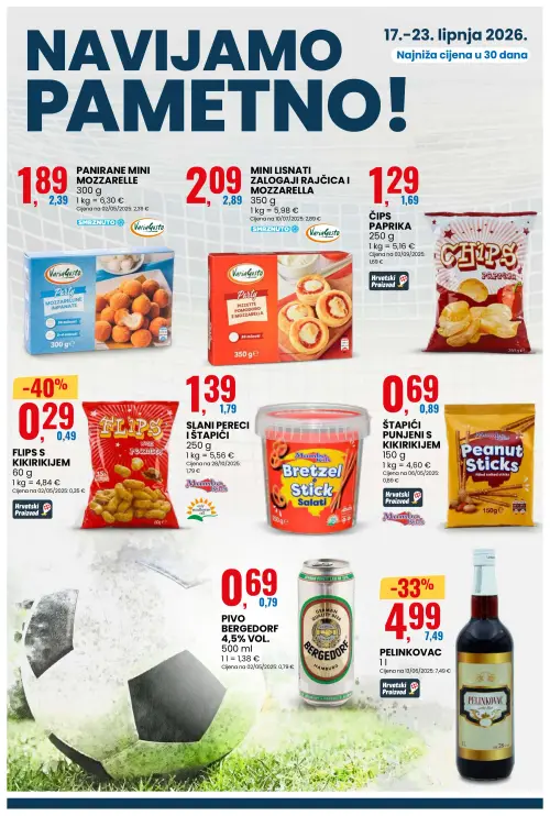 Eurospin katalog — stranica 11: Flips s kikirikijem, Pelinkovac, VariaGusto Mini lisnati zalogaji rajčica i mozzarella, Čips paprika (vrijedi 17. 06. 2026.–23. 06. 2026.)