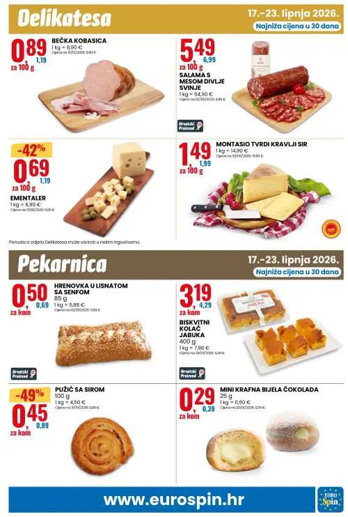 Eurospin katalog — stranica 13: PUŽIĆ SA SIROM, EMENTALER, HRENOVKA U LISNATOM SA SENFOM, BISKVITNI KOLAČ JABUKA (vrijedi 17. 06. 2026.–23. 06. 2026.)