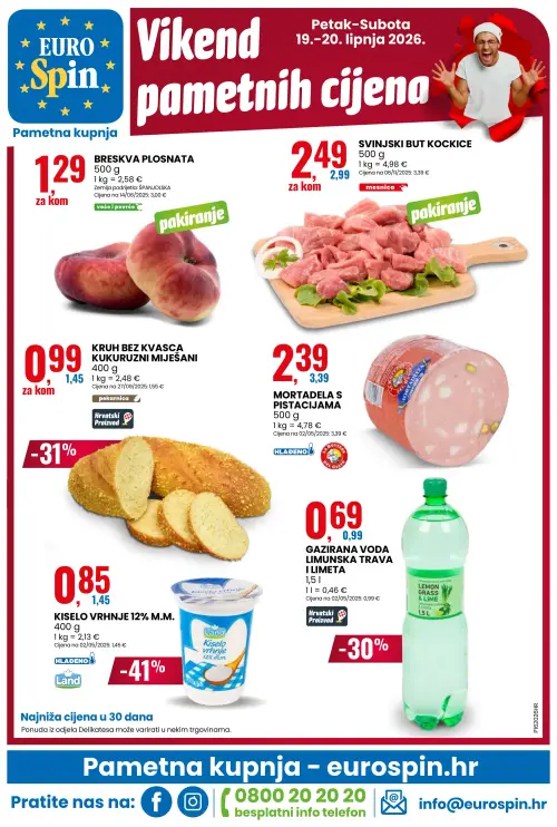 Eurospin katalog — stranica 16: Land Kiselo vrhnje 12% m.m., Kruh bez kvasca kukuruzni miješani, Gazirana voda limunska trava i limeta, La Bottega Mortadela s pistacijama (vrijedi 17. 06. 2026.–23. 06. 2026.)