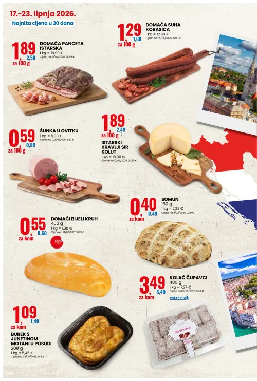 Eurospin katalog — stranica 2: KOLAČ ČUPAVCI, ŠUNKA U OVITKU, BUREK S JUNETINOM MOTANI U POSUDI, DOMAĆA PANCETA ISTARSKA (vrijedi 17. 06. 2026.–23. 06. 2026.)