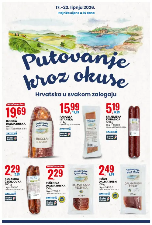 Eurospin katalog — stranica 4: Putovanje kroz okuse SRIJEMSKA KOBASICA, Putovanje kroz okuse KOBASICA ČEŠNJOVKA, Putovanje kroz okuse PANCETA ISTARSKA, Putovanje kroz okuse PRŠUT DALMATINSKI (vrijedi 17. 06. 2026.–23. 06. 2026.)
