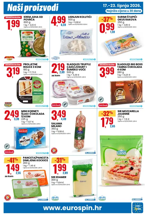 Eurospin katalog — stranica 7: La Bottega del Gusto Panceta/Panceta dimljena kockice, Surimi štapići okus rakova, Land Sir Mozzarella Julienne, Land Sir Edamer (vrijedi 17. 06. 2026.–23. 06. 2026.)