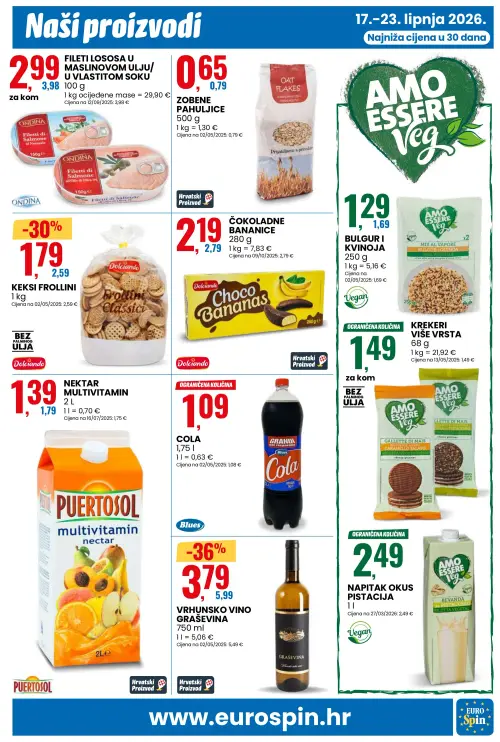 Eurospin katalog — stranica 9: Vrhunsko vino Graševina, Dolciando Keksi Frollini, Ondina Fileti lososa u maslinovom ulju / u vlastitom soku, Amo Essere Veg Bulgur i kvinoja (vrijedi 17. 06. 2026.–23. 06. 2026.)