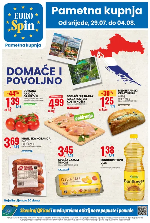 Eurospin katalog — stranica 1: DOMAĆA RAJČICA GRAPPOLO, DOMAĆI FILE BATKA I ZABATKA (BEZ KOSTI I KOŽE), MEDITERANSKI CRAFT KRUH, HLADENO KRANJSKA KOBASICA (vrijedi 29. 07. 2026.–04. 08. 2026.)