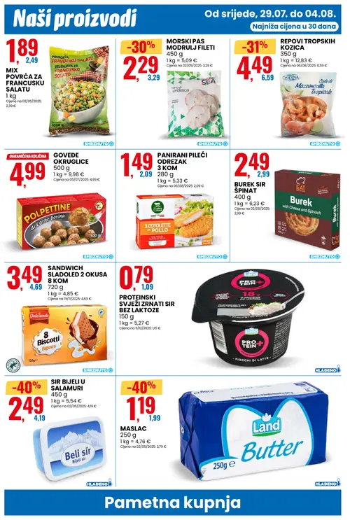 Eurospin katalog — stranica 10: Beli sir SIR BIJELI U SALAMURI, Land MASLAC, ONDINA REPOVI TROPSK IH KOZICA, NATURAL SEA MORSKI PAS MODRULJ FILETI (vrijedi 29. 07. 2026.–04. 08. 2026.)