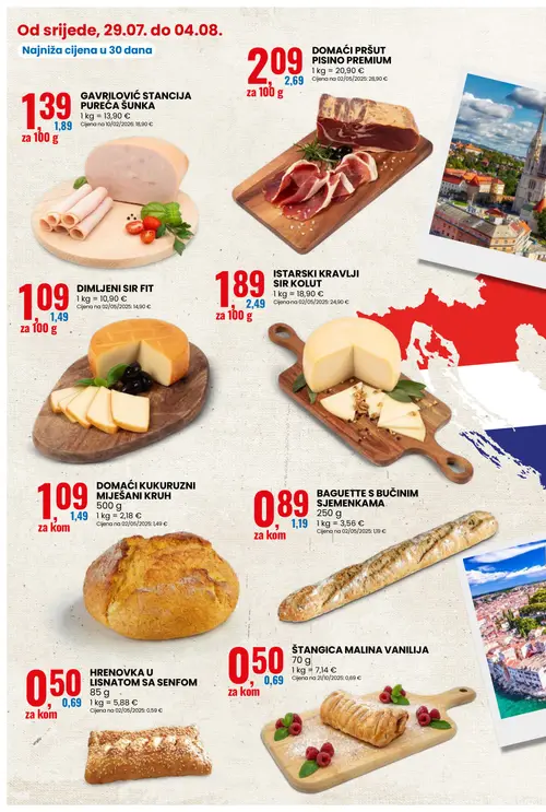 Eurospin katalog — stranica 2: HRENOVKA U LISNATOM SA SENFOM, ŠTANGICA MALINA VANILIJA, DOMAĆI KUKURUZNI MIJEŠANI KRUH, DIMLJENI SIR FIT (vrijedi 29. 07. 2026.–04. 08. 2026.)