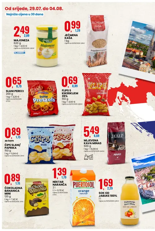 Eurospin katalog — stranica 4: Putovanje kroz okuse SOK OD JABUKE 100%, JEČMENA KAŠA, ČIPS SLANI/ PAPRIKA, Dolciando ČOKOLADNA BANANICA MINI (vrijedi 29. 07. 2026.–04. 08. 2026.)
