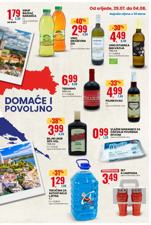 Eurospin katalog — stranica 5: VINO GRAŠEVINA ZOI, BILJNI LIKER 30% VOL., PELINKOVAC, TEKUĆINA ZA AUTOSTAKLO LJETNA (vrijedi 29. 07. 2026.–04. 08. 2026.)