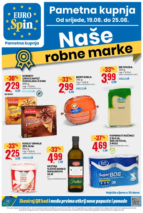 Eurospin katalog — stranica 1: Fruttato EKSTRA DJEVIČANSKO MASLINOVO ULJE, Soft Dream PAPIRNATI RUČNICI 2 SLOJA, Land KISELO VRHNJE 20% M.M., MORTADELA (vrijedi 19. 08. 2026.–25. 08. 2026.)