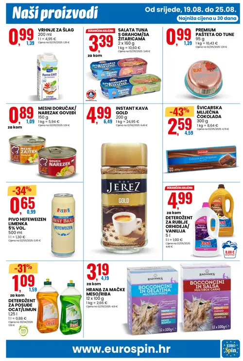 Eurospin katalog — stranica 11: Dolcrando ŠVICARSKA MLIJEČNA ČOKOLADA 300 g, BEST BRÄU PIVO HEFEWEIZEN LIMENKA 5% VOL. 500 ml, Dexal DETERDŽENT ZA POSUĐE OCAT/LIMUN 1,25 l, PREMIUM PAŠTETA OD TUNE 95 g (vrijedi 19. 08. 2026.–25. 08. 2026.)