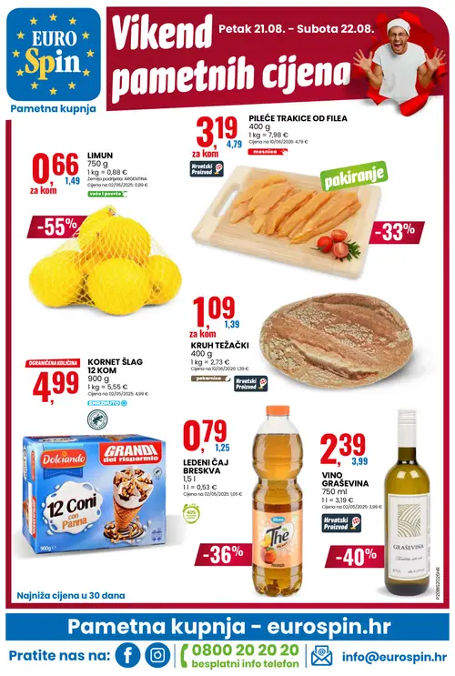 Eurospin katalog — stranica 16: LIMUN, VINO GRAŠEVINA, Blues LEDENI ČAJ BRESKVA, PILEĆE TRAKICE OD FILEA (vrijedi 19. 08. 2026.–25. 08. 2026.)