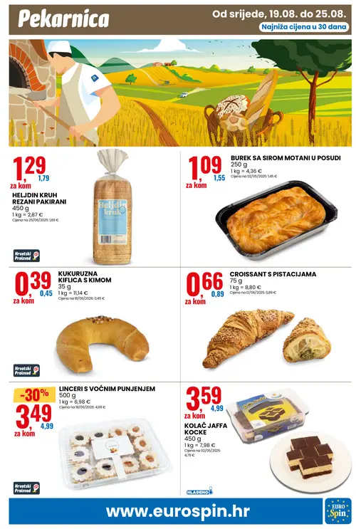 Eurospin katalog — stranica 9: LINCERS S VOĆNIM PUNJENJEM, BUREK SA SIROM MOTANI U POSUDI, KOLAČ JAFFA KOCKE, HELJDIN KRUH REZANI PAKIRANI (vrijedi 19. 08. 2026.–25. 08. 2026.)