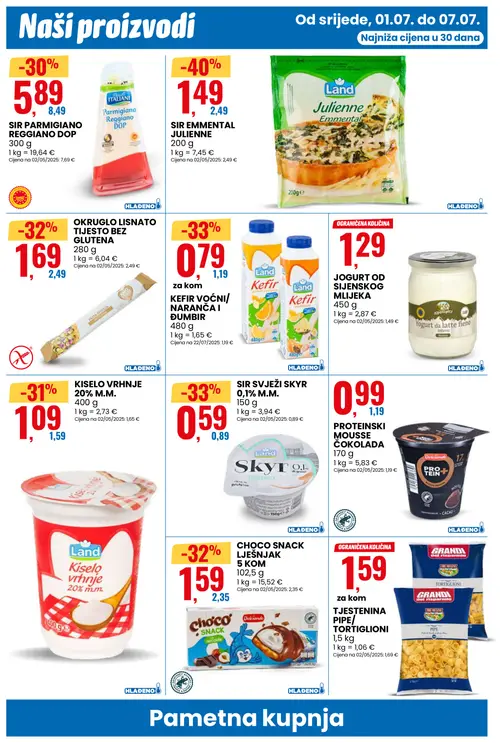 Eurospin katalog — stranica 10: Land SIR EMMMENTAL JULIENNE, Land SIR SVJEŽI SKYR 0,1% M.M., Land KEFIR VOĆNI/ NARANČA I DUMBIR, Dolciando CHOCO SNACK LJEŠNJAK (vrijedi 01. 07. 2026.–07. 07. 2026.)