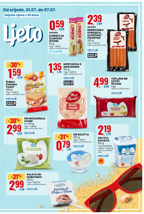 Eurospin katalog — stranica 3: ONDINA SALATA OD HOBOTNICE, LAND SIR RICOTTA, LA BOTTEGA DEL GUSTO ŠUNKA KUHANA TOAST, LAND SIR MOZZARELLA (vrijedi 01. 07. 2026.–07. 07. 2026.)
