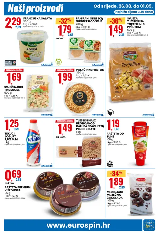 Eurospin katalog — stranica 11: TRE MULINI SVJEŽA TJESTENINA TORTELLINI S PRŠUTOM, Dolciando MEDENJACI MLIJEČNA ČOKOLADA, PANIRANI ODRESCI/ NUGGETSI OD SOJE, Vitalja TEKUĆI JOGURT 2,8% M.M. (vrijedi 26. 08. 2026.–01. 09. 2026.)