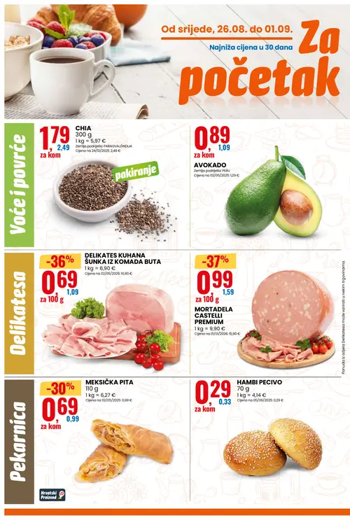 Eurospin katalog — stranica 2: MORTADELA CASTELLI PREMIUM, DELIKATES KUKANA ŠUNKA IZ KOMADA, MEKSIČKA PITA, CHIA (vrijedi 26. 08. 2026.–01. 09. 2026.)