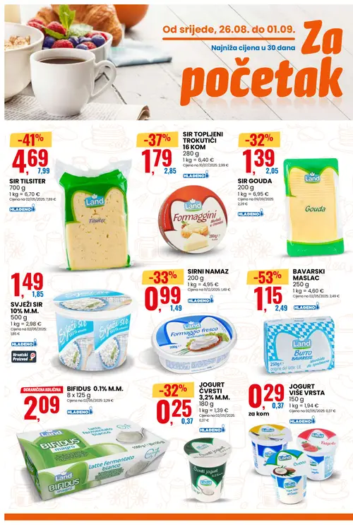 Eurospin katalog — stranica 4: Land BAVARSKI MASLAC 250 g, Land SIR TILSLITER 700 g, Land SIR TOPLJENI TROKUTIĆI 16 KOM, Land SIRNI NAMAZ 200 g (vrijedi 26. 08. 2026.–01. 09. 2026.)