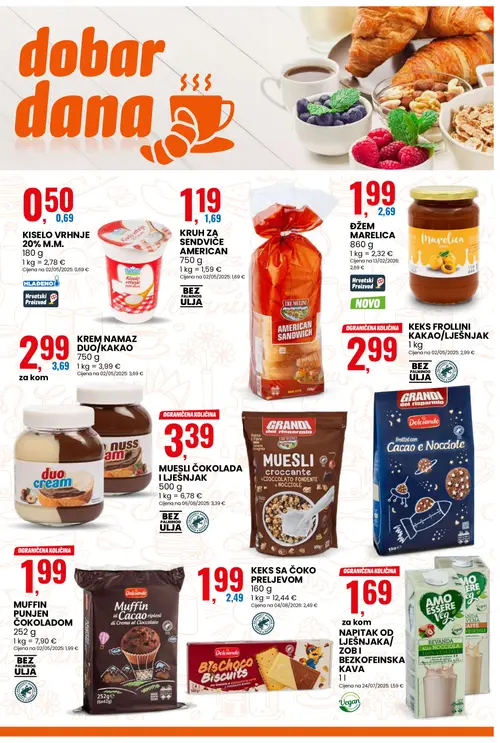 Eurospin katalog — stranica 5: TRE MULINI KRUH ZA SENDVIČE AMERICAN, Land KISELO VRHNJE 20% M.M., ĐŽEM MARELICA, Dolciando KEKS SA ČOKO PRELJEVOM (vrijedi 26. 08. 2026.–01. 09. 2026.)