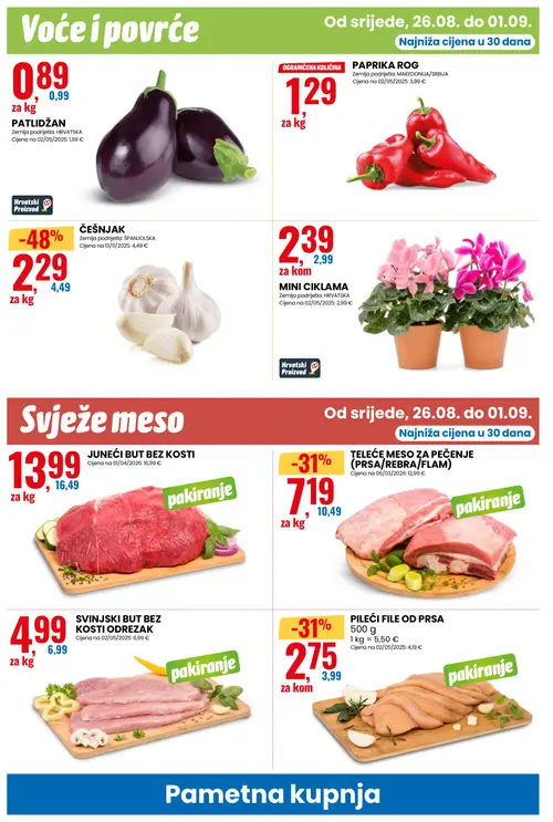Eurospin katalog — stranica 6: ČEŠNJAK, TELEĆE MESO ZA PEČENJE (PRSA/REBRA/FLAM), PILEĆI FILE OD PRSA 500 g, SVINJSKI BUT BEZ KOSTI ODREZAK (vrijedi 26. 08. 2026.–01. 09. 2026.)