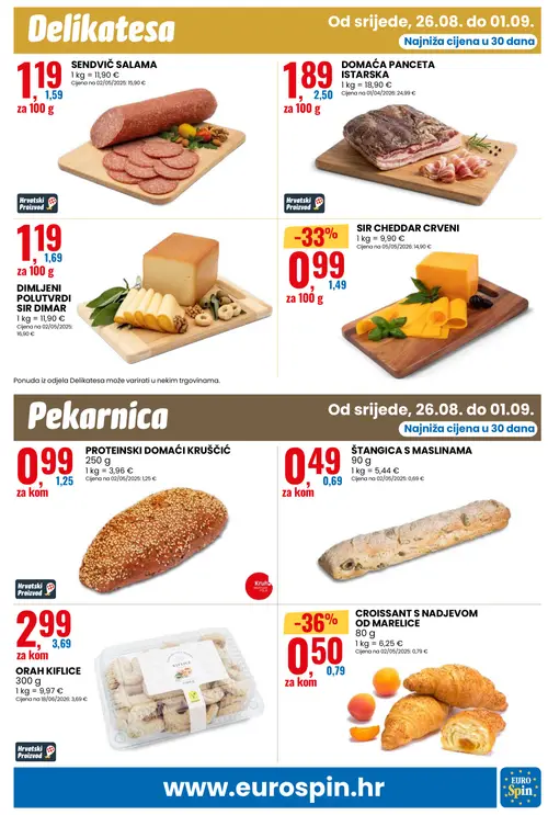 Eurospin katalog — stranica 7: CROISSANT S NADJEVOM OD MARELICE, SIR CHEDDAR CRVENI, DIMLJENI POLUTVRDI SIR DIMAR, ŠTANGICA S MASLINAMA (vrijedi 26. 08. 2026.–01. 09. 2026.)