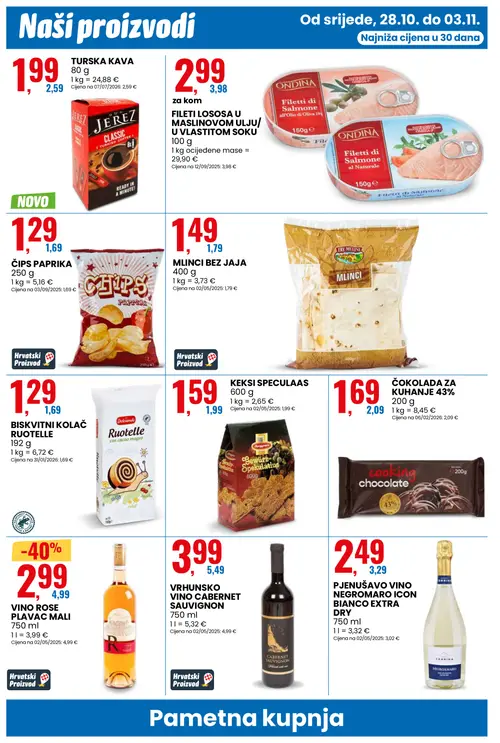 Eurospin katalog — stranica 10: Vino rose plavac mali, Vrhunsko vino cabernet sauvignon, ONDINA Fileti lososa u maslinovom ulju/u vlastitom soku, CERRINA Pjenušavo vino negromaro icon bianco extra dry (vrijedi 28.10.–03.11.2026.)