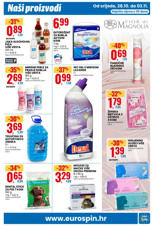 Eurospin katalog — stranica 11: Fior di Magnolia DISCHETTI STRUCCANTI, Dexal WC GEL S MIRISOM LAVANDE, Dexal MIRISNE PERLE ZA PRANJE RUBLJA VIŠE VRSTA, Radames DENTAL STICK ZA PSE 7 KOM (vrijedi 28.10.–03.11.2026.)