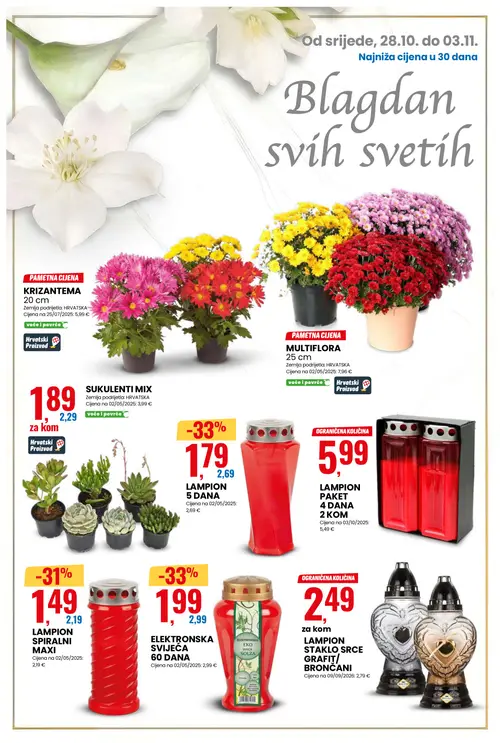 Eurospin katalog — stranica 12: LAMPION 5 DANA, ELEKTRONSKA SVIJEĆA 60 DANA, LAMPION SPIRALNI MAXI, KRIZANTEMA (vrijedi 28.10.–03.11.2026.)