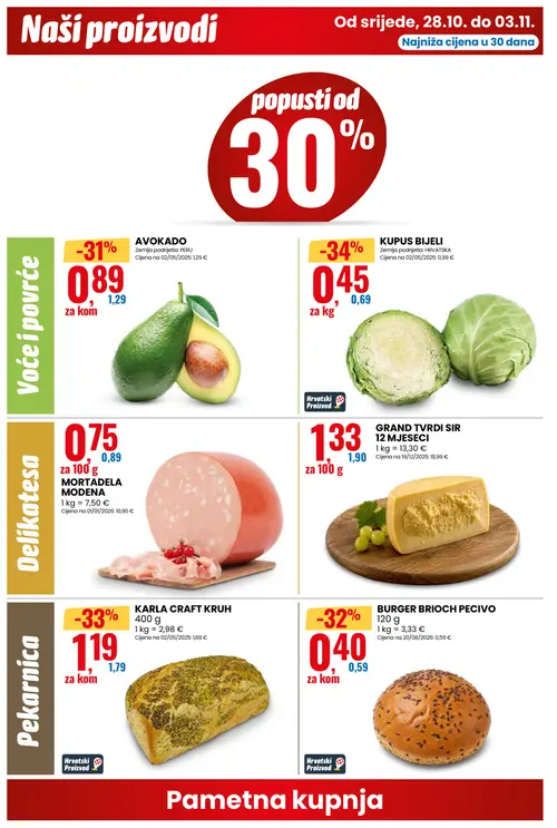 Eurospin katalog — stranica 2: KUPUS BIJELI, KARLA CRAFT KRUH, BURGER BRIOCH PECIVO, AVOKADO (vrijedi 28.10.–03.11.2026.)
