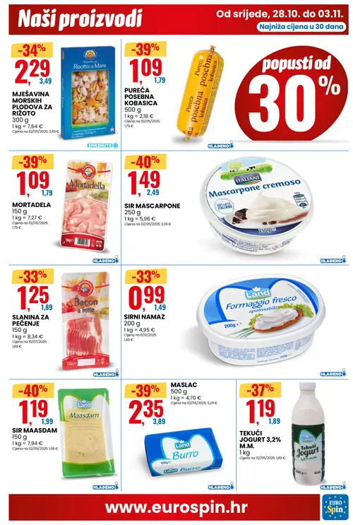 Eurospin katalog — stranica 3: PASCOLI ITALIANI SIR MASCARPONE, Land SIR MAASDAM, Land MASLAC, PUREĆA POSEBNA KOBASICA (vrijedi 28.10.–03.11.2026.)