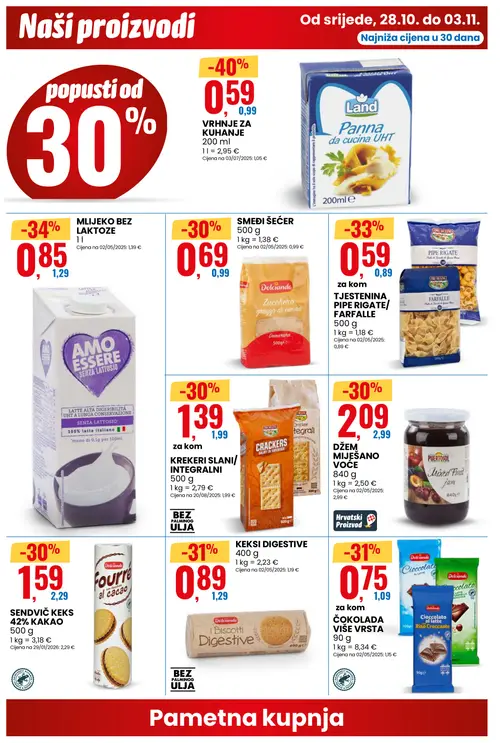 Eurospin katalog — stranica 4: MLIJEKO BEZ LAKTOZE, TRE MULINI TJESTENINA PIPE RIGATE/ FARFALLE, Dolciando ČOKOLADA VIŠE VRSTA, Dolciando KEKSI DIGESTIVE (vrijedi 28.10.–03.11.2026.)