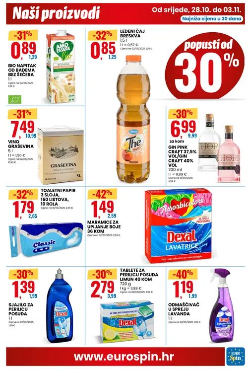Eurospin katalog — stranica 5: Dexal MARAMICE ZA UPIJANJE BOJE, Dexal ODMAŠĆIVAČ U SPREJU LAVANDA, Classic TOALETNI PAPIR 3 SLOJA, Blues LEDENI ČAJ BRESKVA (vrijedi 28.10.–03.11.2026.)