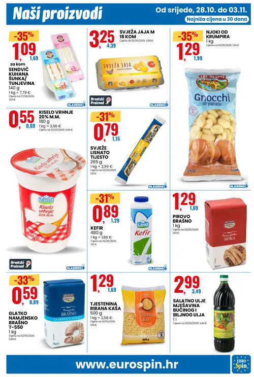 Eurospin katalog — stranica 9: SENDVIČ KULEN/TUNA, NJOKI OD KRUMPIRA, TRE MULINI GLATKO NAMJENSKO BRAŠNO T-550, SVJEŽE LISNATO TIJESTO (vrijedi 28.10.–03.11.2026.)