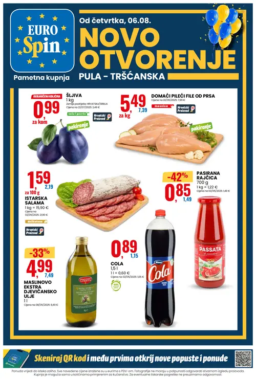 Eurospin katalog — stranica 1: Pasirana rajčica, FRANTOIO LA ROCCA Maslinovo ekstra djevicansko ulje, Istarska salama, Domaći pileći file od prsa (vrijedi 06. 08. 2026.–11. 08. 2026.)