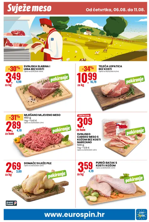 Eurospin katalog — stranica 11: TELEĆA LOPATICA BEZ KOSTI, MIJEŠANO MLJEVENO MESO, SVINJSKA SLABINA I LEĐA BEZ Kosti, PUREĆI BATAK S KOSTI I KOŽOM (vrijedi 06. 08. 2026.–11. 08. 2026.)