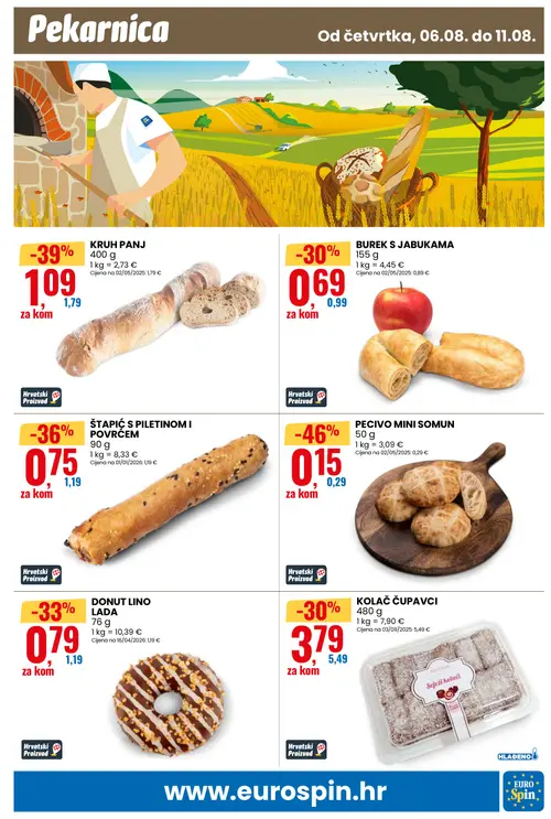 Eurospin katalog — stranica 13: PECIVO MINI SOMUN, KRUH PANJ, ŠTAPIĆ S PILETINOM I POVRĆEM, DONUT LINO LADA (vrijedi 06. 08. 2026.–11. 08. 2026.)