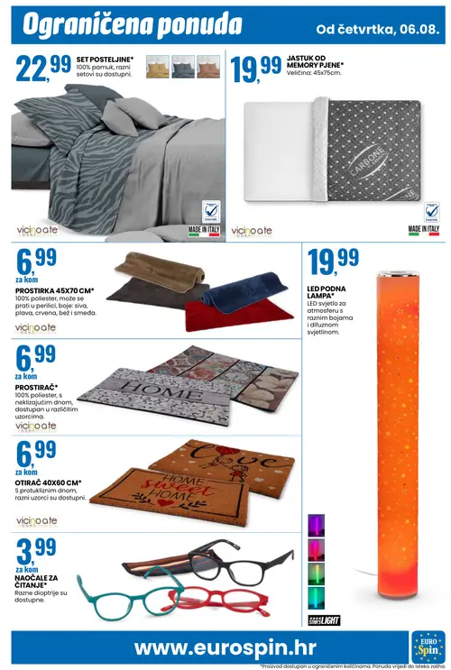 Eurospin katalog — stranica 17: SET POSTELJINE, JASTUK OD MEMORY PJENE, PROSTIRKA 45X70 CM, LED PODNA LAMPA (vrijedi 06. 08. 2026.–11. 08. 2026.)