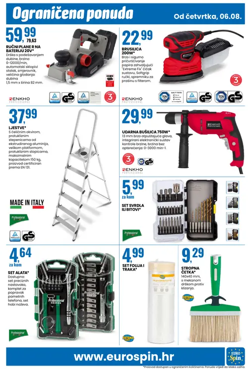 Eurospin katalog — stranica 19: RENKHO PROFESSIONAL RUČNI PLANER NA BATERIJU 20V, BRUSILICA 200W*, RENKHO PROFESSIONAL LZESTVE*, RENKHO PROFESSIONAL UDARNA BUŠILICA 750W* (vrijedi 06. 08. 2026.–11. 08. 2026.)
