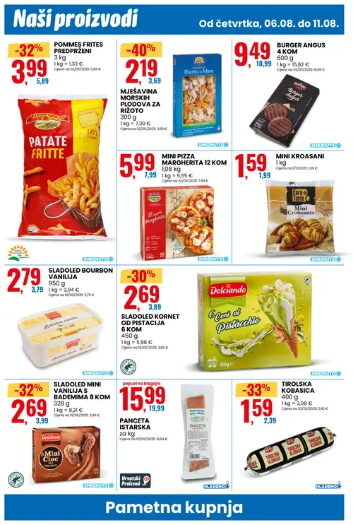 Eurospin katalog — stranica 2: MJEŠAVINA MORSKIH PLODOVA ZA RIŽOTO, Apelt TIROLSKA KOBASICA, Dolciando SLADOLED MINI VANILIJA S BADEMIMA, POMMES FRITES PREDPRŽENI (vrijedi 06. 08. 2026.–11. 08. 2026.)