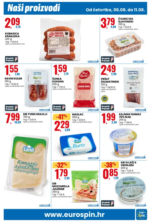 Eurospin katalog — stranica 3: Land MASLAC, SIR SVJEŽI S VRHNJEM, Land SIR MOZZARELLA JULIENNE, Land SIR TVRDI KRAVLJI (vrijedi 06. 08. 2026.–11. 08. 2026.)