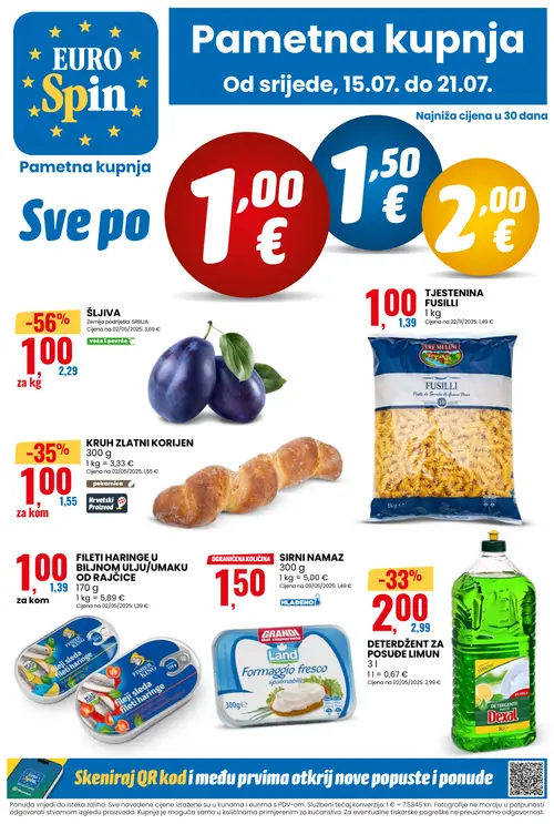 Eurospin katalog — stranica 1: ŠLJIVA, KRUH ZLATNI KORIJEN, Dexal DETERDŽENT ZA POSUĐE LIMUN, FISHER KING FILETI HARINGE U BILJNOM ULJU/UMAKU OD RAJČICE (vrijedi 15. 07. 2026.–21. 07. 2026.)