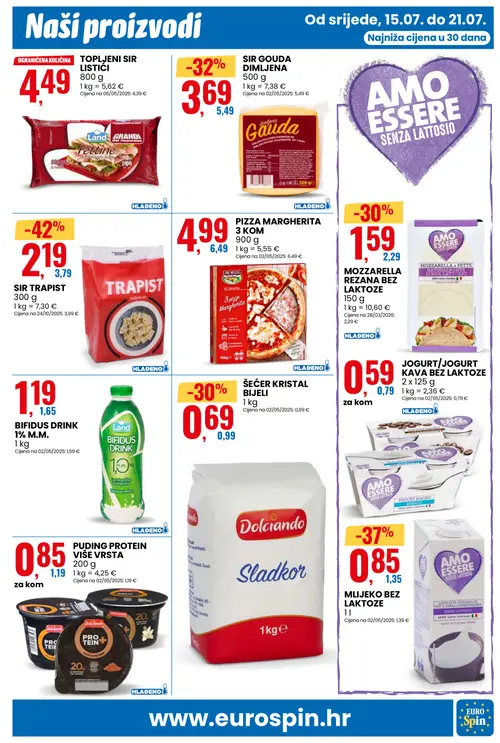 Eurospin katalog — stranica 11: SIR TRAPIST, AMO ESSERE MLIJEKO BEZ LAKTOZE, SIR GOUDA DIMLJENA, AMO ESSERE MOZZARELLA REZANA BEZ LAKTOZE (vrijedi 15. 07. 2026.–21. 07. 2026.)