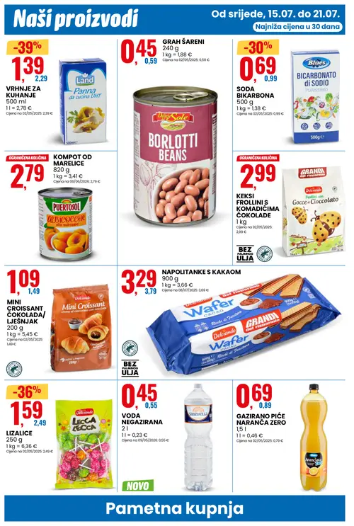 Eurospin katalog — stranica 12: Land VRHNJE ZA KUHANJE, Dolciando LIZALICE, Blues SODA BIKARBONA, Dolciando MINI CROISSANT ČOKOLADA/LJEŠNJAK (vrijedi 15. 07. 2026.–21. 07. 2026.)