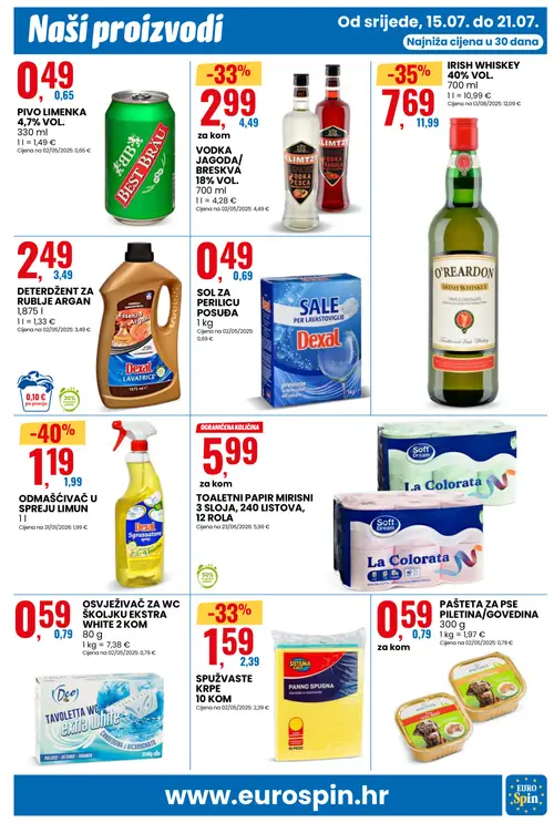 Eurospin katalog — stranica 13: Dexal Odmašćivač u spreju limun, O'REARDON Irish Whiskey 40% vol., SISTEMA casa Spužvaste krpe, LIMTZ Vodka jagoda/breskva 18% vol. (vrijedi 15. 07. 2026.–21. 07. 2026.)