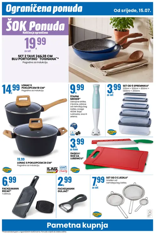 Eurospin katalog — stranica 14: SET 2 TAVE 24&28 CM BLU PORTOFINO "TOGNANA", LONAC S POKLOPCEM 18 CM, ŠTAPNI MIKSER, SISTEMA SET OD 5 SPREMNIKA (vrijedi 15. 07. 2026.–21. 07. 2026.)