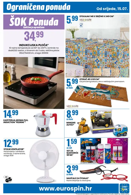 Eurospin katalog — stranica 15: ŠOK PONUDA, STOLNJAK 140 X 180/140 X 240 CM*, OTIRAČ 40 X 60 CM*, PEDRINI KAFETERIJA AROMA FULL INDUCTION "PEDRINI"* (vrijedi 15. 07. 2026.–21. 07. 2026.)