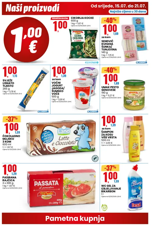 Eurospin katalog — stranica 2: Sole UMAK PESTO GENOVESE, CIKORIJA KOCKE, SENDVIČ KUHANA ŠUNKA/ TUNJEVINA, Land ČOKOLADNO MLIJEKO (vrijedi 15. 07. 2026.–21. 07. 2026.)