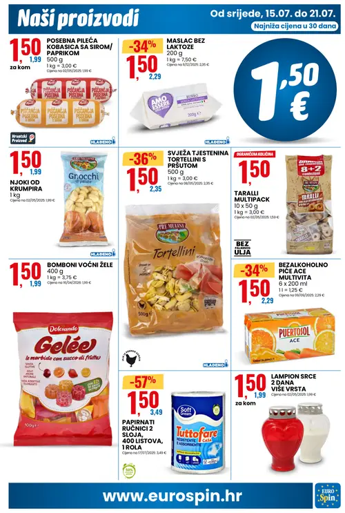 Eurospin katalog — stranica 3: Soft Dream PAPIRNATI RUČNICI 2 SLOJA, 400 LISTOVA, 1 ROLA, TRE MULINI SVJEŽA TJESTENINA TORTELLINI S PRŠUTOM, PUERTOSOL BEZALKOHOLNO PIĆE ACE MULTIVITA, MASLAC BEZ LAKTOZE (vrijedi 15. 07. 2026.–21. 07. 2026.)