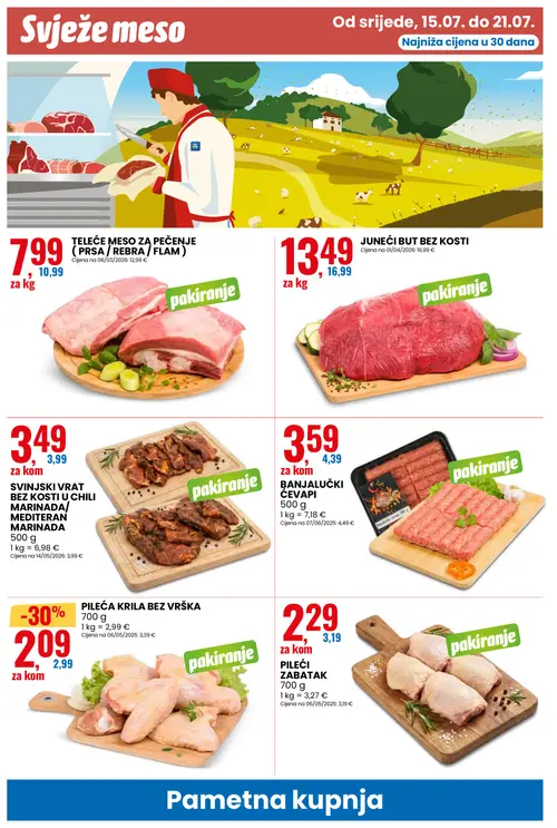 Eurospin katalog — stranica 6: PILEĆA KRILA BEZ VRŠKA, PILEĆI ZABATAK, TELEĆE MESO ZA PEČENJE (PRSA / REBRA / FLAM), JUNEĆI BUT BEZ KOSTI (vrijedi 15. 07. 2026.–21. 07. 2026.)