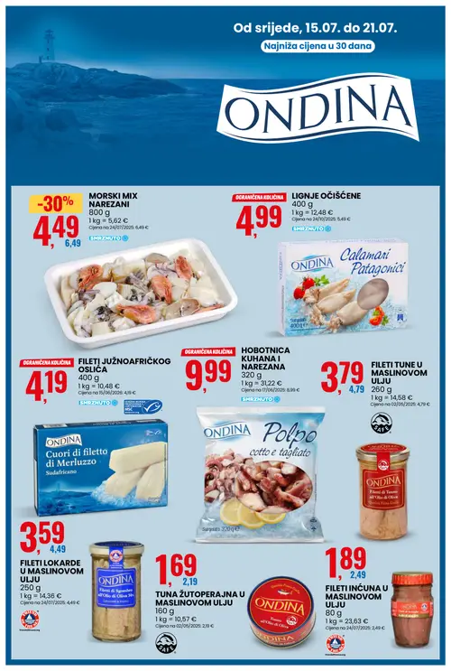 Eurospin katalog — stranica 8: ONDINA MORSKI MIX NAREZANI, ONDINA FILETI INĆUNA U MASLINOVOM ULJU, ONDINA TUNA ŽUTOPERAJNA U MASLINOVOM ULJU, ONDINA FILETI TUNE U MASLINOVOM ULJU (vrijedi 15. 07. 2026.–21. 07. 2026.)