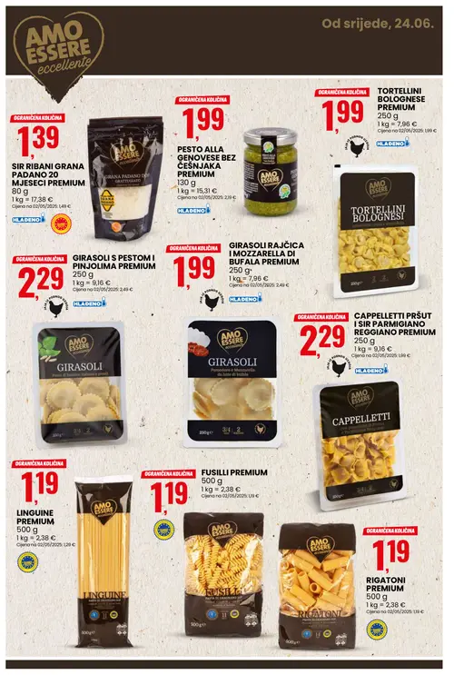 Eurospin katalog — stranica 10: AMO ESSERE GIRASOLI RAJČICA I MOZZARELLA DI BUFALA PREMIUM, AMO ESSERE PESTO ALLA GENOVESE BEZ ČEŠNJAKA PREMIUM, AMO ESSERE CAPPELLETTI PRŠUT I SIR PARMIGIANO REGGIANO PREMIUM, AMO ESSERE GIRASOLI S PESTOM I PINJOLIMA PREMIUM (vrijedi 24. 06. 2026.–30. 06. 2026.)